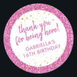 Pink Glitter Thank You Birthday Favor Classic Round Sticker<br><div class="desc">Bright bubblegum pink glitter and gold sparkle personalized thank you favor stickers for a fun and girly birthday party. All of the text is editable, making them great for a little girl's 1st 5th, or 8th birthday, or a big girl's 13th 15th sweet 16th, 18th or 21st birthday or graduation....</div>