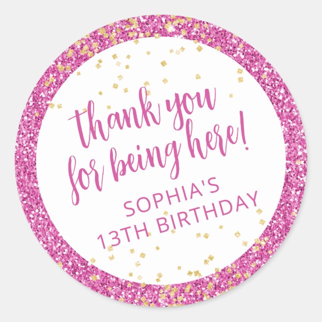 Pink Glitter Thank You Birthday Favor Classic Round Sticker (Front)