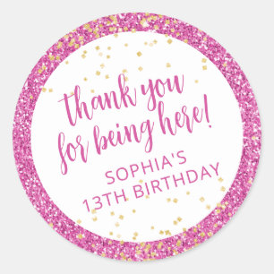 Pink Glitter Thank You Birthday Favor Classic Round Sticker