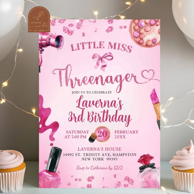 Pink Glitter Threenager Make Up Birthday Invitation (Creator Uploaded)
