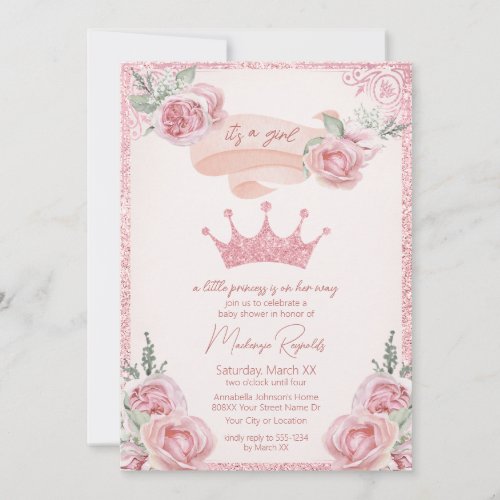 Pink Glitter Tiara Princess Baby Shower Invitation