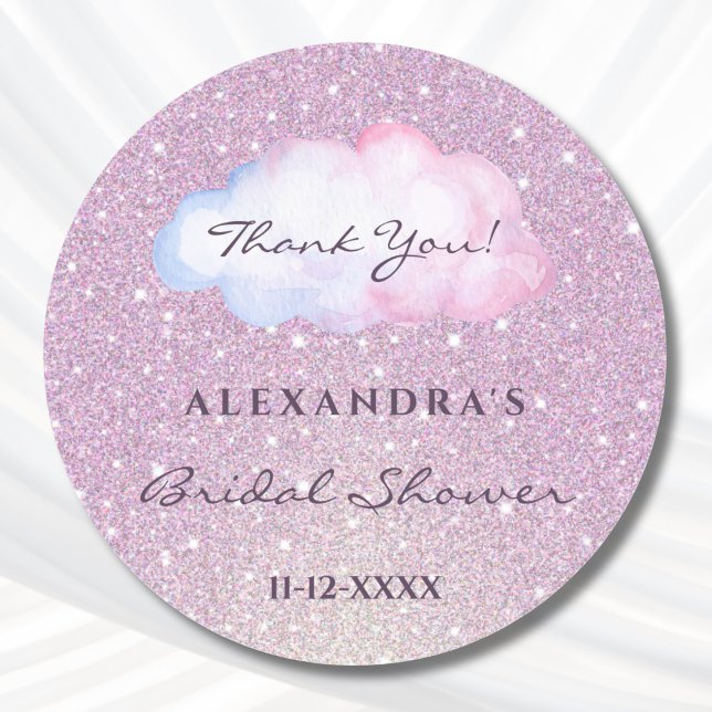 Pink Glitter Trendy Cloud Bridal Shower Thank You Classic Round Sticker (Creator Uploaded)