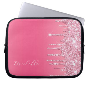 Pink Glitter Trendy Monogram Laptop Sleeve