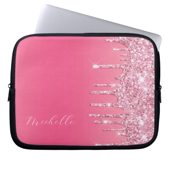 Pink Glitter Trendy Monogram Laptop Sleeve (Front)