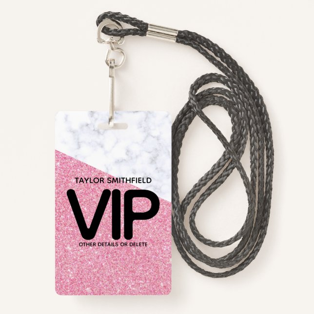 Pink Glitter trendy VIP lanyard badge custom (Front with Lanyard)