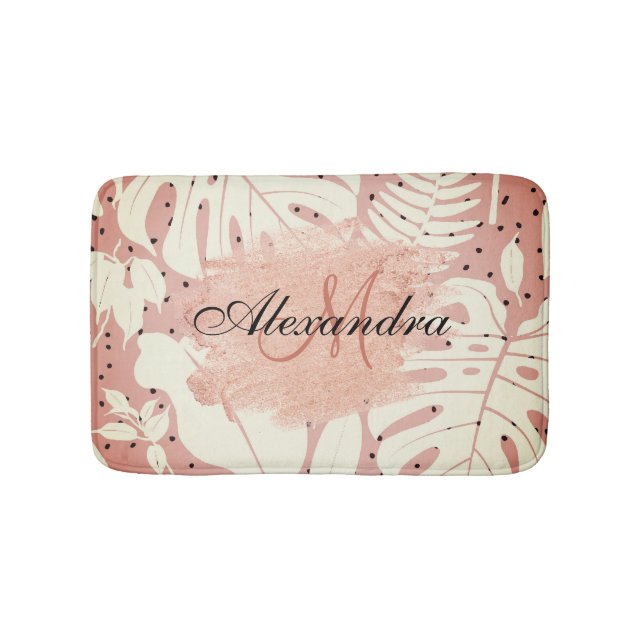 Pink Glitter Tropical Leaves Bath Mat (Front)