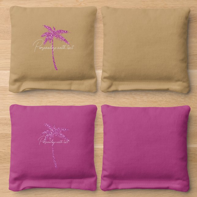 Pink Glitter Tropical Palm Tree Cornhole Bags (Wood)