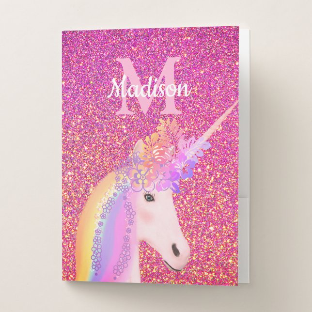 Pink Glitter Unicorn Back to School Personalized Pocket Folder (Front)