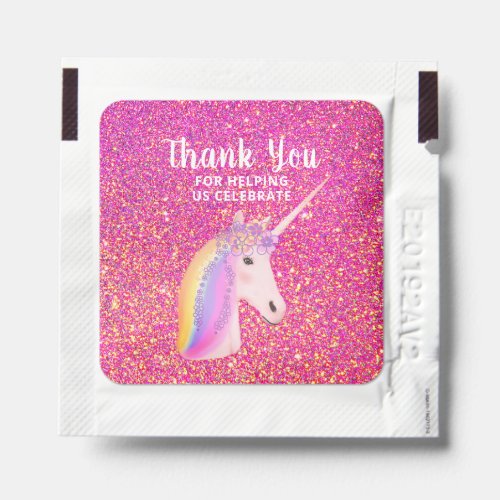 Pink Glitter Unicorn Birthday Thank You Favors Hand Sanitizer Packet