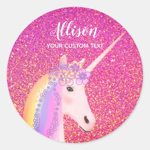 Pink Glitter Unicorn Custom  Classic Round Sticker