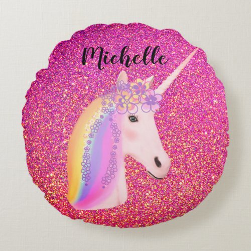 Pink Glitter Uniorn Fairytale Girly Personalized Round Pillow