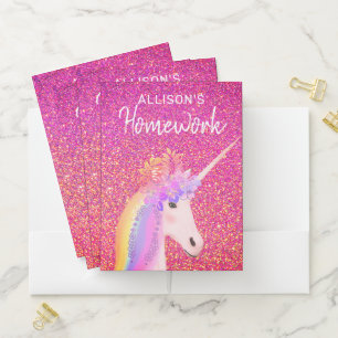 Pink Glitter Unicorn Floral Homework Personalized Pocket Folder