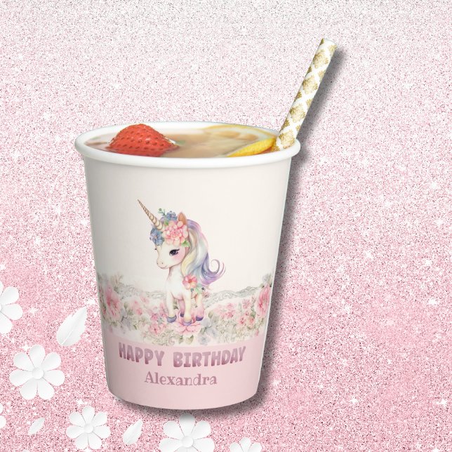 Pink Glitter Unicorn Girls Birthday  Paper Cups (Creator Uploaded)