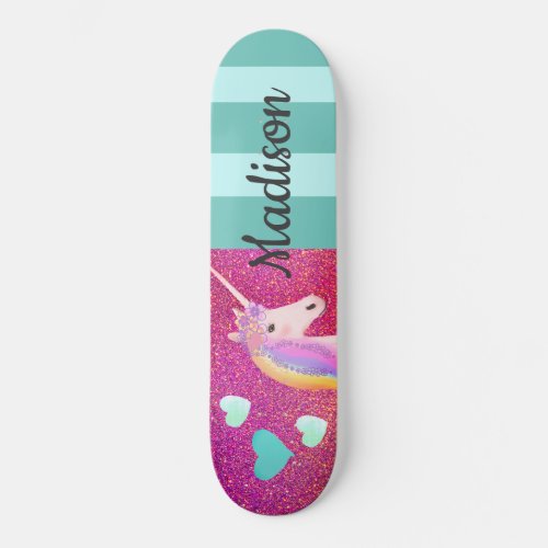 Pink Glitter Unicorn Hearts Kids Personalized  Skateboard