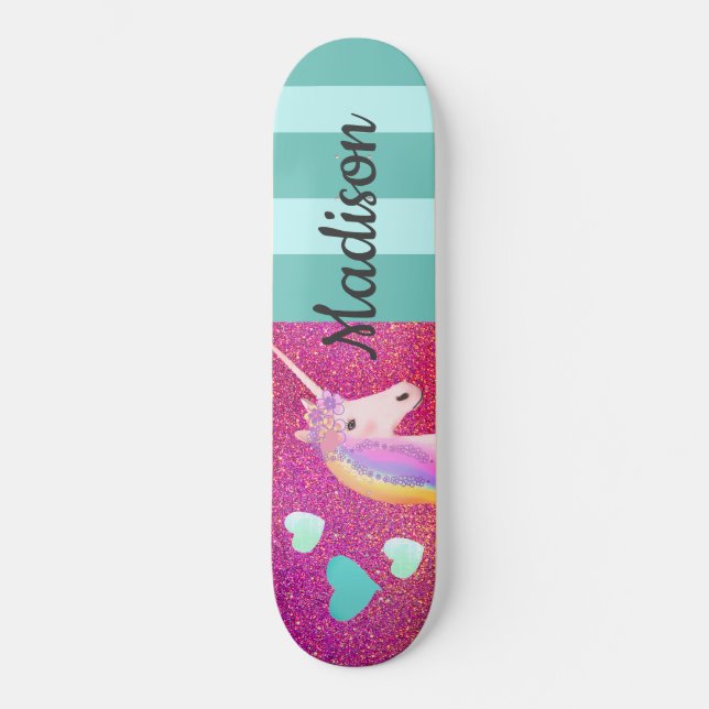 Pink Glitter Unicorn Hearts Kids Personalized  Skateboard (Front)