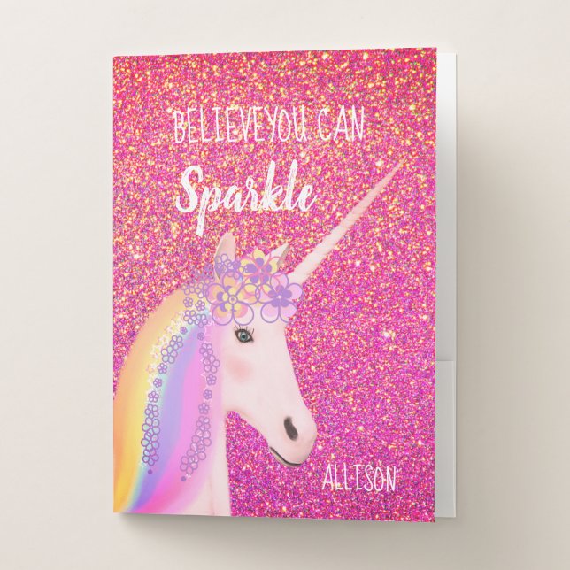 Pink Glitter Unicorn Inspirational Quote Name Pocket Folder (Front)