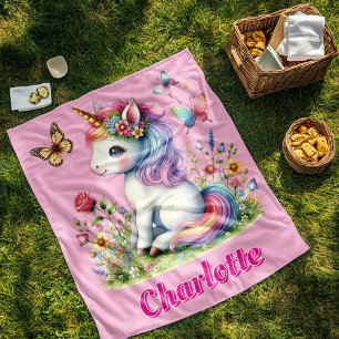 Pink Glitter unicorn meadow wildflowers Fleece Blanket