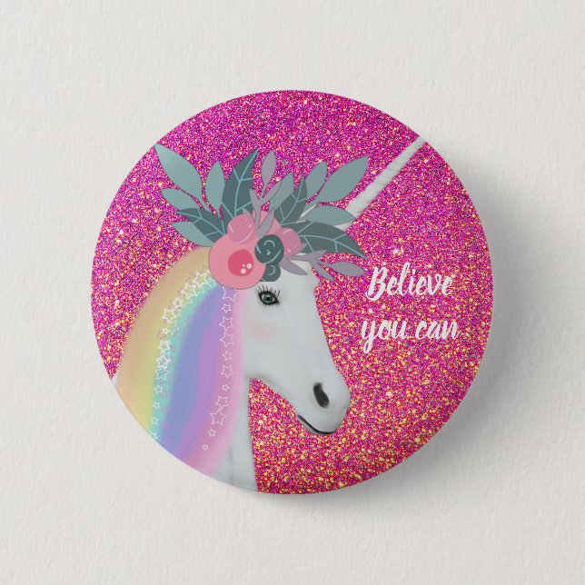 Pink Glitter Unicorn Rainbow Fantasy Flowers Button (Front)