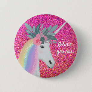 Pink Glitter Unicorn Rainbow Fantasy Flowers Button