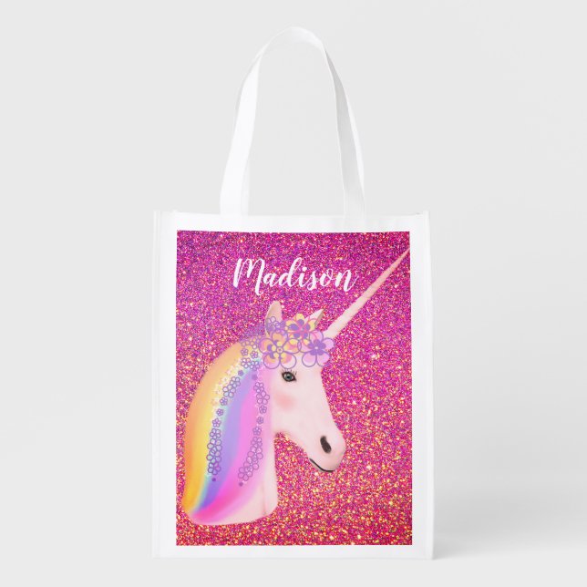 Pink Glitter Unicorn Rainbow Glam Chic Tote Bag (Front)