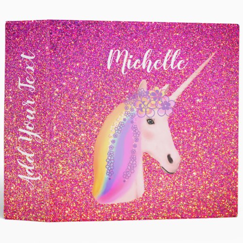 Pink Glitter Unicorn Rainbow Personalized 3 Ring Binder
