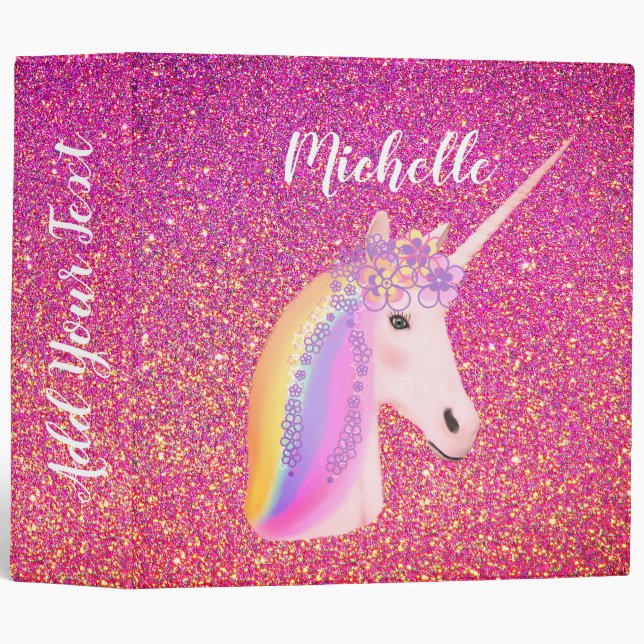 Pink Glitter Unicorn Rainbow Personalized 3 Ring Binder (Front/Spine)
