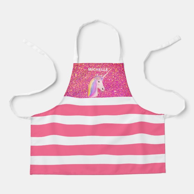 Pink Glitter Unicorn Rainbow Personalized Kids Apron (Front)