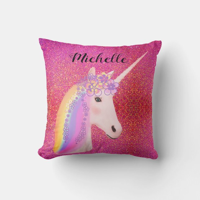 Pink Glitter Unicorn Rainbow Sparkles Personalized Throw Pillow (Front)