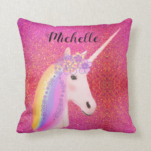 Pink Glitter Unicorn Rainbow Sparkles Personalized Throw Pillow