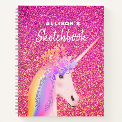 Pink Glitter Unicorn Sketchbook Personalized Name  Notebook
