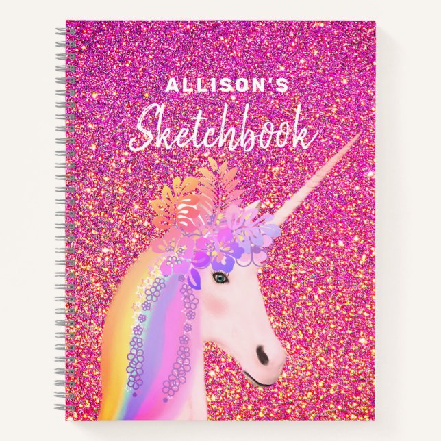 Pink Glitter Unicorn Sketchbook Personalized Name  Notebook (Front)