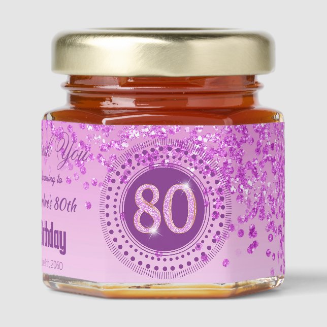 Pink Glitter & Unique number 80 Decoration Honey Jar Favors (Front)