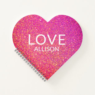 Pink Glitter Valentines Day Love Heart Shaped Name Notebook