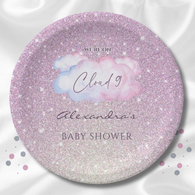 Pink Glitter Watercolor Cloud Baby Shower Paper Plates (Creator Uploaded)