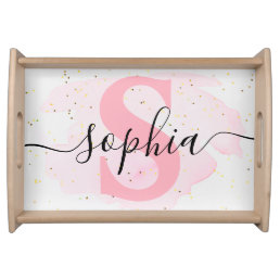 Pink Glitter Watercolor Custom Personalized Name  Serving Tray