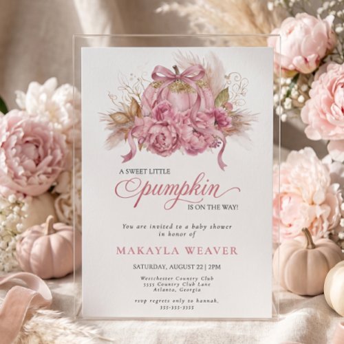 Pink Glitter Watercolor Peony Pumpkin Baby Shower Invitation