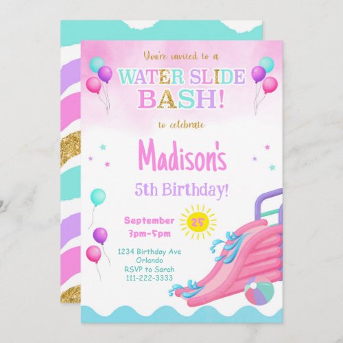 Pink Glitter Waterslide Bash Girls Birthday Invite