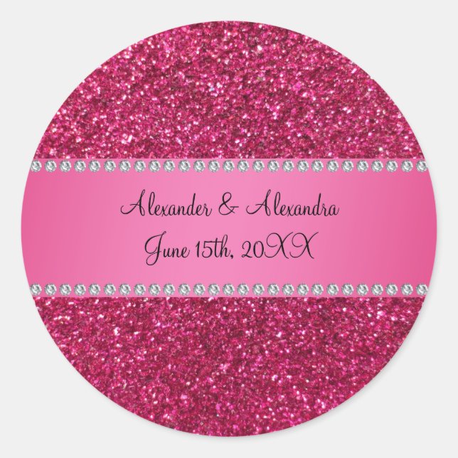 Pink glitter wedding favors classic round sticker (Front)