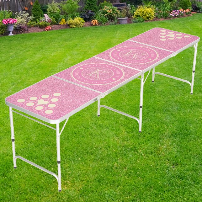 Pink Glitter Wedding Monogram Heart Beer Pong Table (Creator Uploaded)