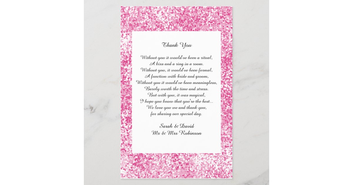 Pink Glitter Wedding Poem Thank You Favor Scroll Zazzle Com