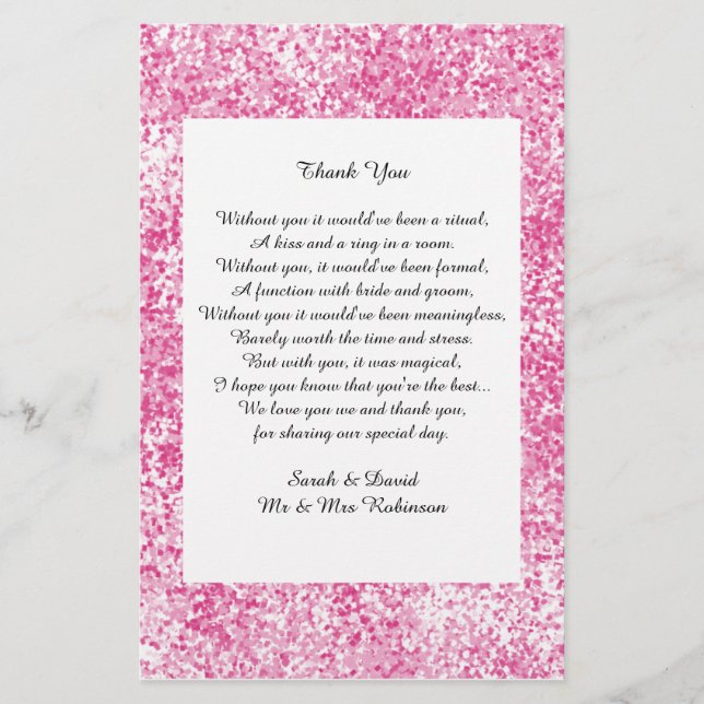 Pink Glitter Wedding Poem Thank You Favor Scroll (Front)