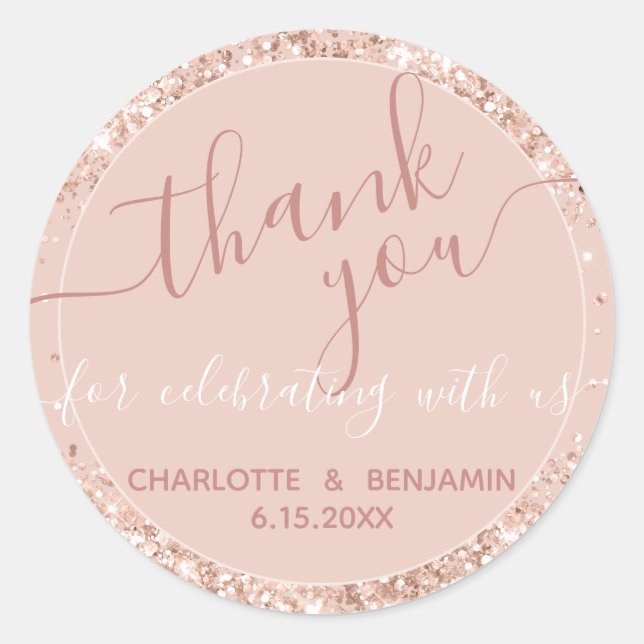 Pink Glitter Wedding Thank You Round Sticker (Front)