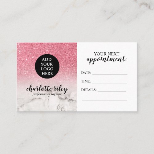 Pink Glitter white Marble Cursive Add your Logo Business Card