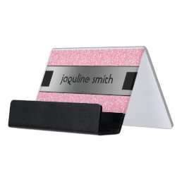 Pink Glitter With Black And Silver Accents Desk Business Card Holder