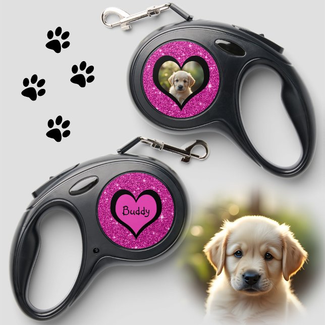 Pink glitter with heart - custom photo  retractable pet leash  (Creator Uploaded)