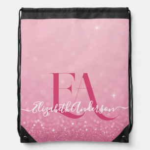 Pink Glitter with Name & Initials - Drawstring Bag