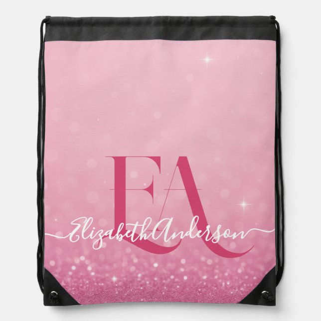 Pink Glitter with Name & Initials -  Drawstring Bag (Front)