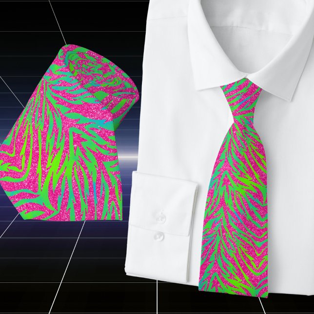 Pink Glitter with Neon Blue Green Tiger Stripes Neck Tie (Creator Uploaded)