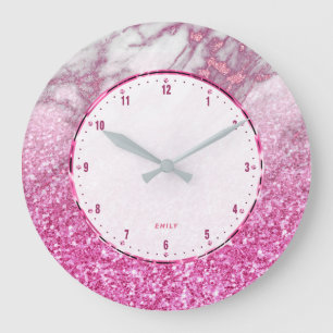 Pink glitter with white and pink faux marble large clock