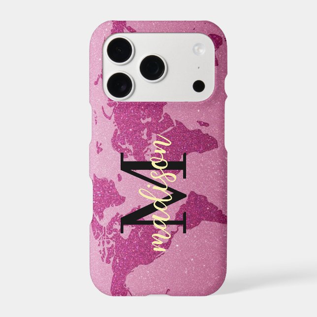 Pink glitter World Map Custom Monogram Name Iphone Case (Back)